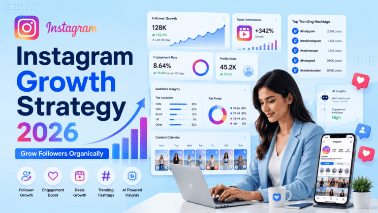 Instagram Growth Strategy in 2026 showing organic follower growth, engagement tactics, content planning, and Instagram marketing success.